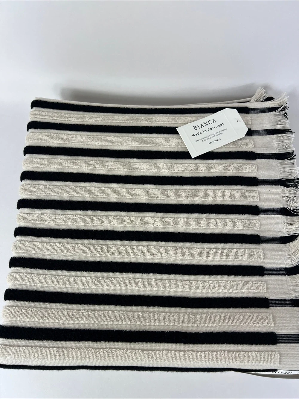 Bianca Bath Towel Set Striped Black & Cream with Fringe Made in Portugal 2pc NEW